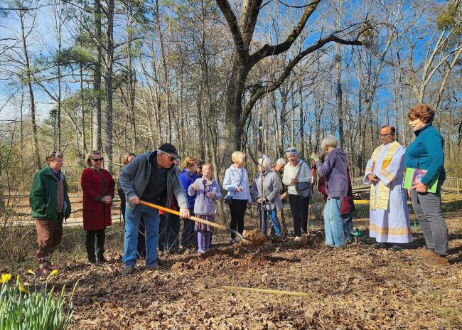 2024-02-15 Blessing of a native Redbud tree in memory of Donna Jackson who died February 1, 2024. Photos by Ivan Varlamoff